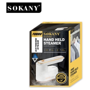 CSY-SK3069W - Computech-Solutions Sokany hand-held steamer in its yellow-and-black packaging, model SK-3069W, with clothes rail in the background.