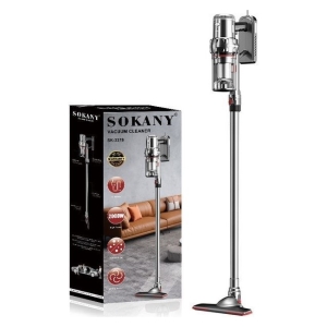 Sokany stick vacuum cleaner with a tall chrome wand and red floor nozzle, shown next to its product box for home cleaning.