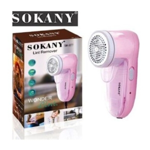 Pink Sokany lint remover handheld device shown beside its packaging box
