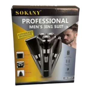 Sokany Professional Men's 3-in-1 grooming kit box featuring a trimmer and attachments on the front.