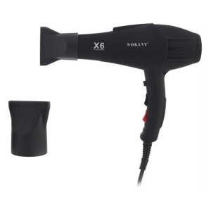 CSY-SKX6 - Computech-Solutions Black Sokany X6 professional hair dryer with a concentrator nozzle and a separate nozzle cap beside it, corded.