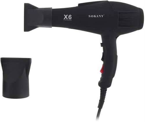 CSY-SKX6 - Computech-Solutions Black Sokany X6 professional hair dryer with a concentrator nozzle and a separate nozzle cap beside it, corded.