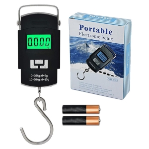 Portable digital hanging scale with a green backlit display reading 0.000 kg, a metal hook, and two batteries beside the box packaging.