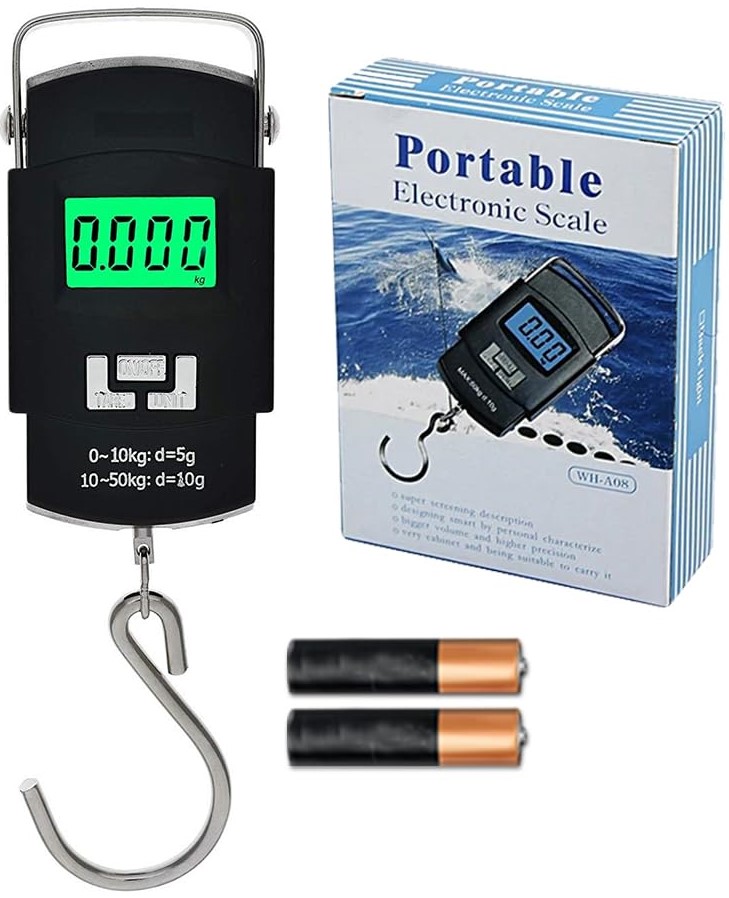 CSY-TVLA08 - Computech-Solutions Portable digital hanging scale with a green backlit display reading 0.000 kg, a metal hook, and two batteries beside the box packaging.