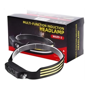 CSY-W689-3 - Computech-Solutions Black headlamp with yellow stripe accents resting in front of its black-and-red box labeled 'Multi-Function Induction Headlamp' (W689-3).