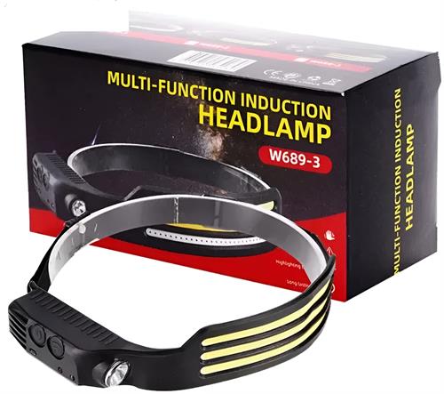 CSY-W689-3 - Computech-Solutions Black headlamp with yellow stripe accents resting in front of its black-and-red box labeled 'Multi-Function Induction Headlamp' (W689-3).