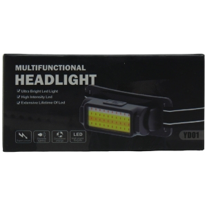 Packaging for a multifunctional headlight showing features: Ultra Bright LED Light, High Intensity LED, extensive LED life.