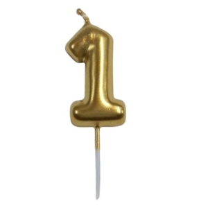 Gold birthday candle shaped like the number 1 with a wick, set against a white background.
