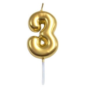 Gold number-3 candle on a white background, ready to decorate a cake.