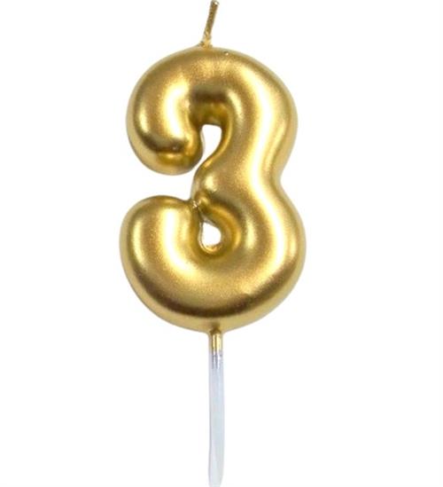 Gold number-3 candle on a white background, ready to decorate a cake.