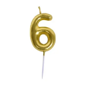 Gold foil number 6 balloon on a white stick.