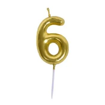 Gold foil number 6 balloon on a white stick.