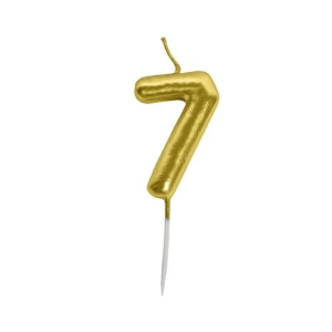 Gold foil numeral 7 birthday candle with a wick on a white background