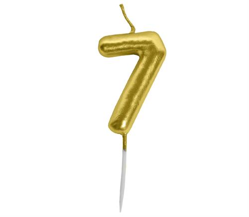 Gold foil numeral 7 birthday candle with a wick on a white background