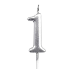 Silver numeral 1 candle with a wick on top on a white background.
