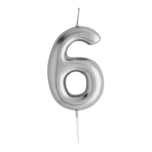 Silver number-6 candle with a wick on a black background, ready for birthday celebrations