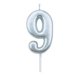 Decorative silver candle shaped like the number nine, hanging with a wick at the top and bottom against a white background.