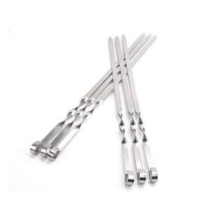 Set of stainless steel skewers with twisted, textured handles laid in a fan-like arrangement.