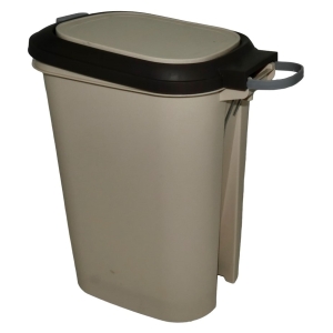 CSY6977-8-15LCRM - Computech-Solutions Beige plastic trash can with a black hinged lid and side handle