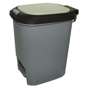 Gray plastic trash can with a dark lid and a foot pedal on the side (closed).