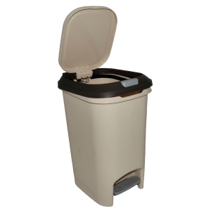 CSY6977-9-10LCRM - Computech-Solutions Beige pedal-operated trash can with lid propped open at the top edge.
