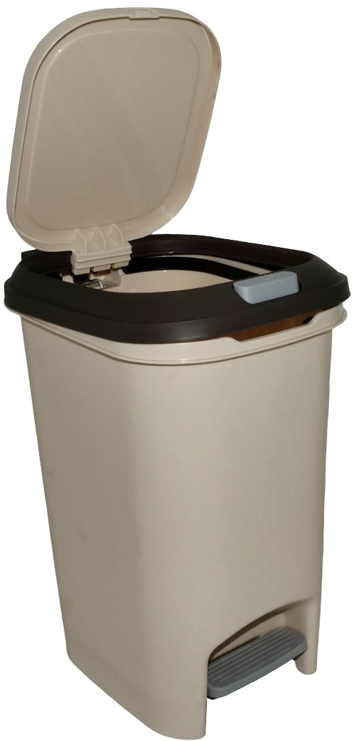 CSY6977-9-10LCRM - Computech-Solutions Beige pedal-operated trash can with lid propped open at the top edge.