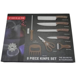 Packaging for an 8-piece knife set with wooden-handled kitchen knives on a dark background (brand EVRYEALTH).