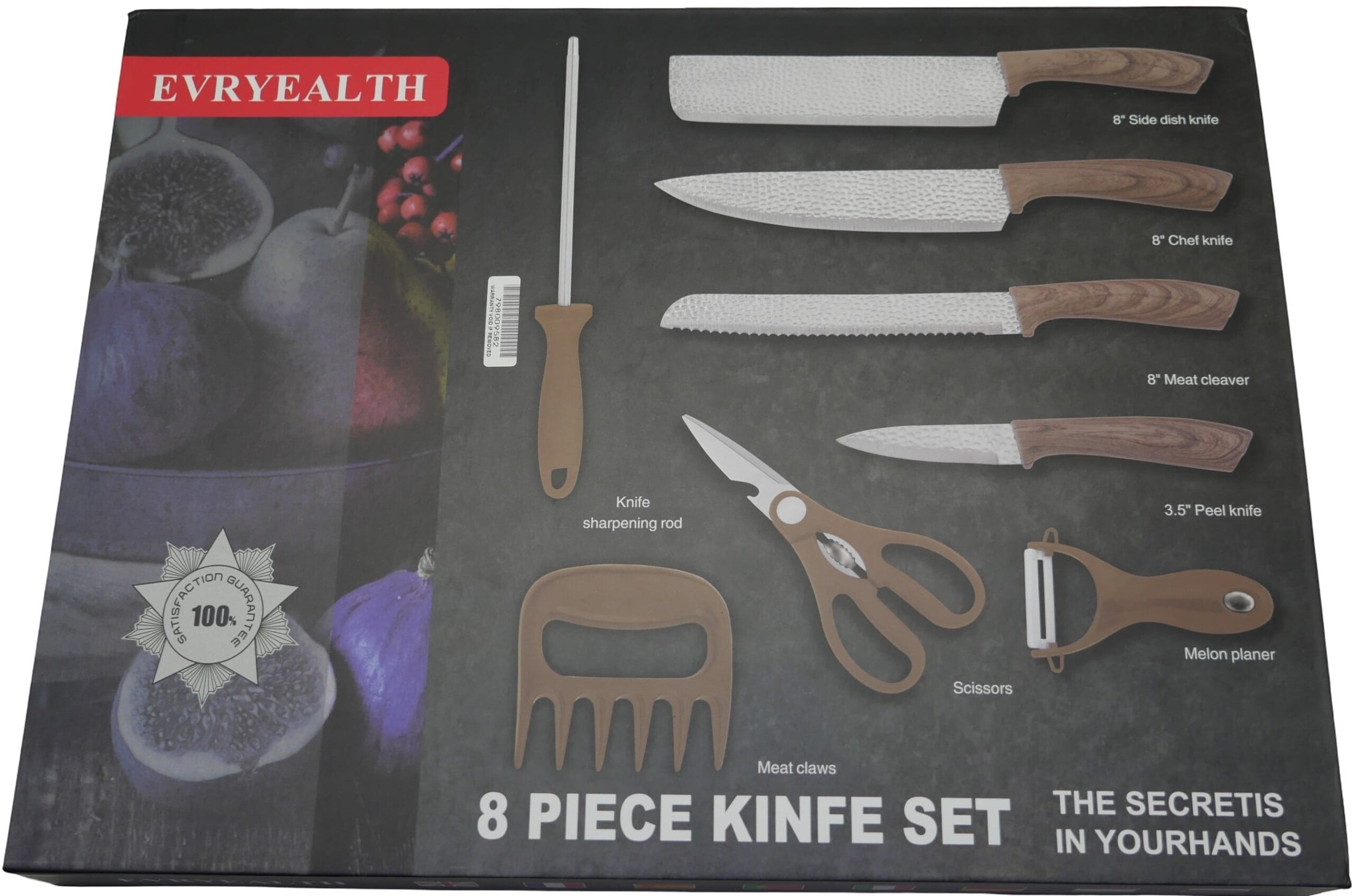 CSY9154-5 - Computech-Solutions Packaging for an 8-piece knife set with wooden-handled kitchen knives on a dark background (brand EVRYEALTH).