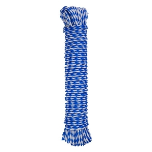 Blue and white twisted rope tightly wound into a thick coil with loose ends at the bottom.