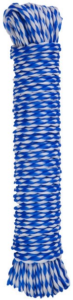 CSY91922-6MM10M - Computech-Solutions Blue and white twisted rope coiled vertically with frayed ends at the bottom.
