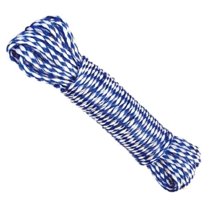 Blue and white braided rope coiled in a cylindrical shape.