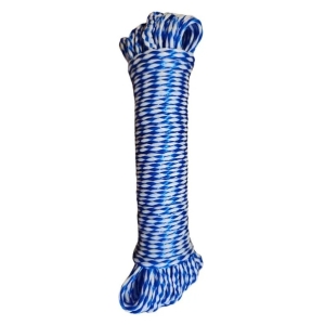 Blue and white braided rope wound into a long cylindrical coil.