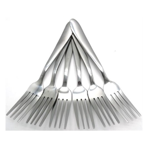 CSYLC02SSDESFORK - Computech-Solutions Twelve stainless steel forks arranged in a triangular pyramid against a white background.