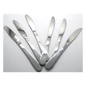 CSYLC02SSKNIVES - Computech-Solutions Six stainless steel butter knives fanned out on a white surface.