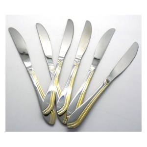 CSYLC03SSKNIVES - Computech-Solutions Six stainless steel knives with gold-tone handles arranged in a fan on a white surface (tableware setting).