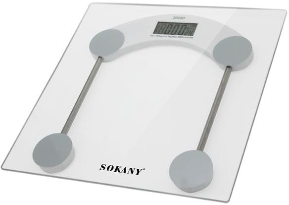 CSYSK-19030 - Computech-Solutions Digital glass bathroom scale with a digital display and four round foot pads, brand Sokany visible on the surface.