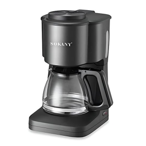 SOKANY drip coffee maker with a glass carafe and black finish, compact design.