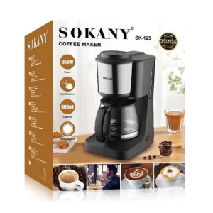 Packaging image of a Sokany SK-125 coffee maker box displaying a black 650W, 900ml machine with coffee cup visuals and a warranty badge.