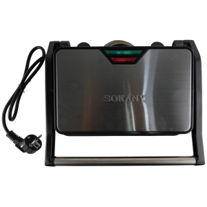 Close-up of a stainless-steel Sokany electric grill/toaster with a black frame and attached power cord, showing red and green indicator lights at the top.
