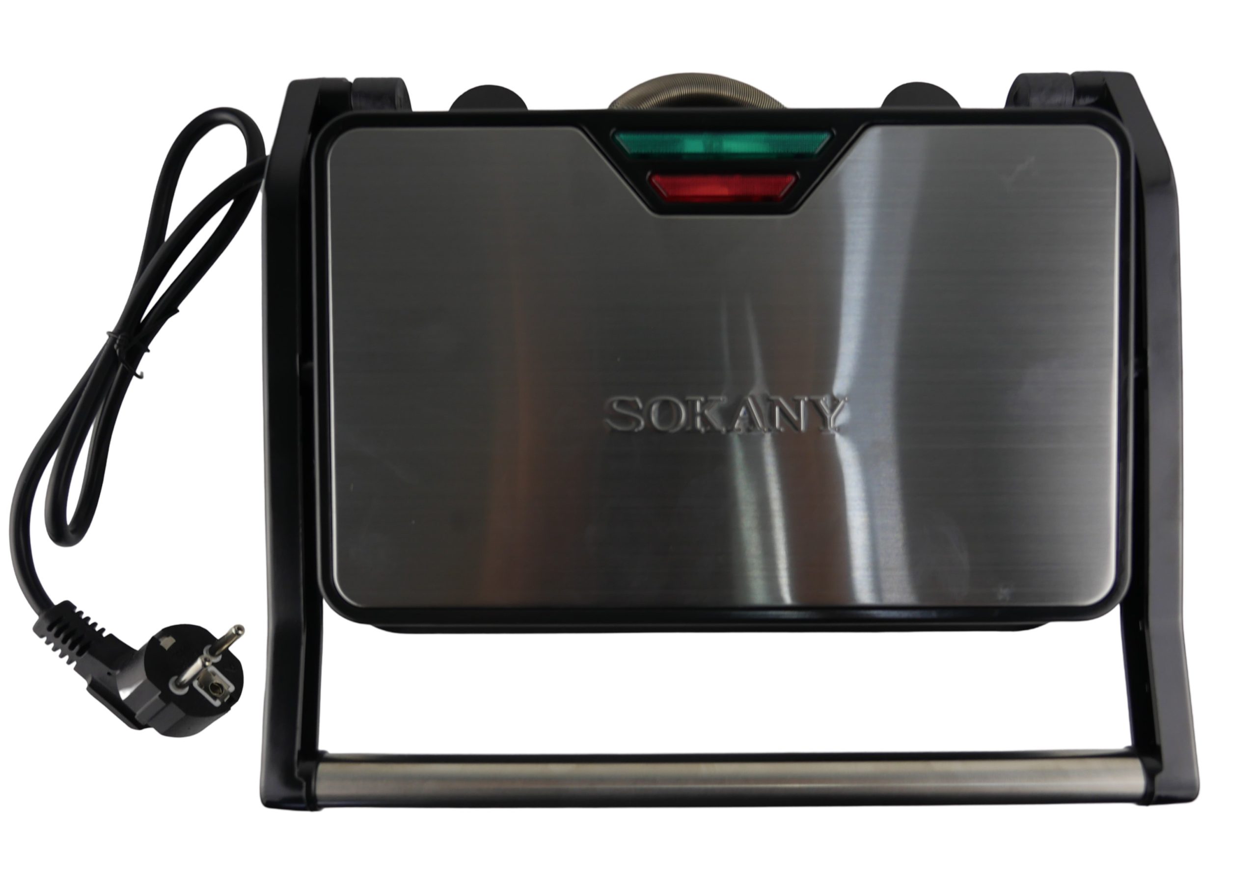 CSYSK223 - Computech-Solutions Close-up of a stainless-steel Sokany electric grill/toaster with a black frame and attached power cord, showing red and green indicator lights at the top.