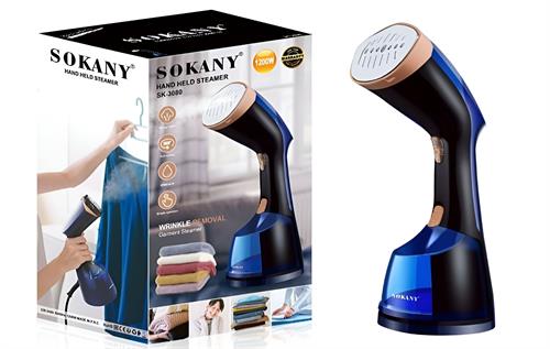 CSYSK3080 - Computech-Solutions Sokany handheld garment steamer in blue and black beside its packaging box showing wrinkle removal feature.