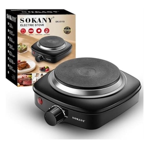 CSYSK5119 - Computech-Solutions Sokany electric single-burner stovetop with textured heating plate and front knob, shown with its box in the background.