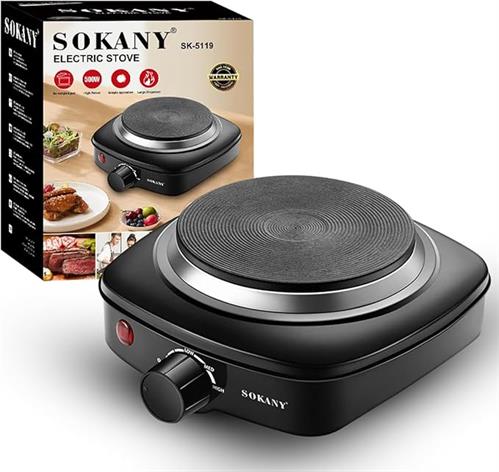 CSYSK5119 - Computech-Solutions Sokany electric single-burner stovetop with textured heating plate and front knob, shown with its box in the background.