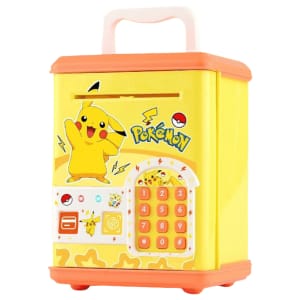 Pokemon-themed yellow toy safe with an orange lid and pink handle, featuring a numeric keypad and Pikachu artwork
