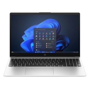 Open HP laptop with Windows 11 start menu on screen, silver chassis and black keyboard.