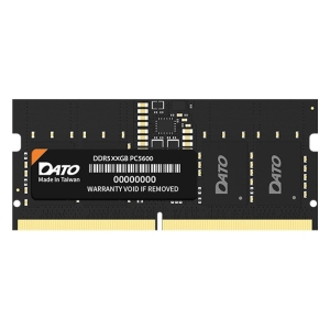 Front view of a DATO DDR5 RAM module (PC5600) with a black PCB and gold edge connector. A label reads 'DATO Made in Taiwan' and 'WARRANTY VOID IF REMOVED'. Memory chips and other components are visible on the module.