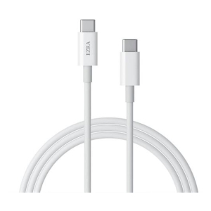White USB-C to USB-C charging cable with two USB-C connectors, coil at the bottom and brand marking on the plug.
