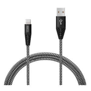 Braided USB-A to Lightning charging cable with black-and-white pattern and metal connectors.