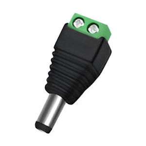 DC power plug with a green two-terminal screw terminal block on top