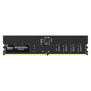 Black RAM memory module with gold edge connectors and multiple memory chips; brand label shows DATO, Made in Taiwan.